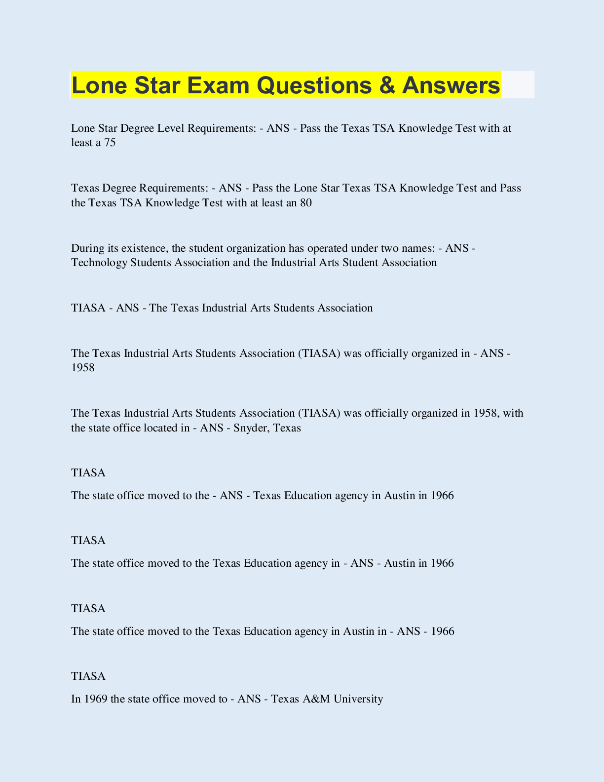 Preview image for Lone Star Exam Questions & Answers  | 190 Questions with 100% Correct Answers | Updated & Verified | 22 Pages